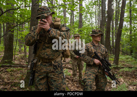 Das 3rd Princess of Wales's Royal Regiment ist ein Infanterieregiment der britischen Armee, das an Koalitionsübungen teilnimmt. Mitarbeiter der britischen Armee und Mitglieder des U.S. Marine Corps Reserve der Kilo Company, 3rd Battalion, 25th Marine Regiment, führen während der Übung Northern Strike am 6. August 2018 in Camp Grayling (Michigan) einen Landschifffahrtskurs durch. Das Archivfoto dokumentiert die multinationale Koordination im Feldtraining. Stockfoto