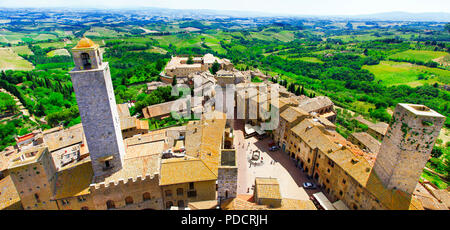 San Gimignano Dorf, Panoramaaussicht, in der Toskana, Italien. Stockfoto