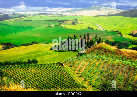 Beeindruckende Landschaft der Toskana, Panoramaaussicht, in der Val d'Orcia, Italien. Stockfoto