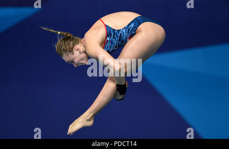 Großbritanniens Robyn Birke in der Frauen 10-m-Final am Tag sieben der 2018 europäischen Meisterschaften am Scotstoun Sport Campus, Glasgow. Stockfoto