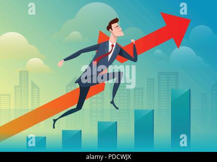 Business Mann laufen und springen, damit das Diagramm auf der Stadt Hintergrund. Vector Illustration Business Stock Vektor