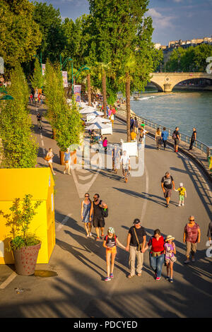 Der Parc Rives de seine ist ein beliebter Ort für Touristen und Einheimische, um am späten Nachmittag im Sommer bei den Pariser Plagen an der seine zu spazieren. Stockfoto