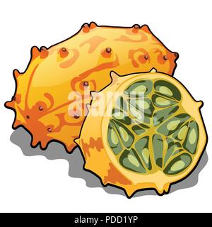 Der ganze und halbe von reifem Obst oder kiwano Cucumis metulifer, gehörnten Melone. Element einer gesunden Ernährung. Leckere und gesunde tropische Früchte auf einem weißen Hintergrund. Vector Illustration. Stock Vektor