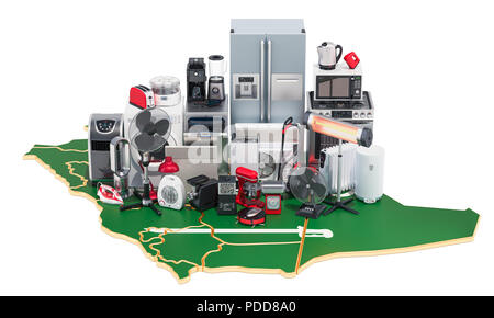 Karte von Saudi-arabien mit Haus- und Küchengeräte, 3D-Rendering auf schwarzem Hintergrund Stockfoto