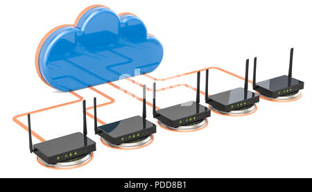 Netzwerk Verbindung Konzept. Computer cloud mit Routern, 3D-Rendering auf weißem Hintergrund Stockfoto