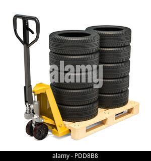 Gabelhubwagen mit Autoreifen. 3D-Rendering auf weißem Hintergrund Stockfoto