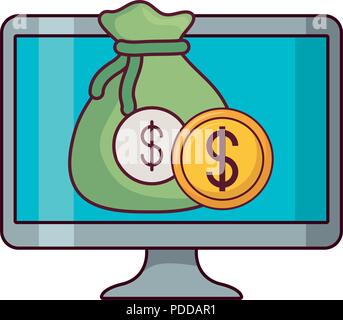 Computer mit Geld Sack und Münze auf weißem Hintergrund, Vector Illustration Stock Vektor