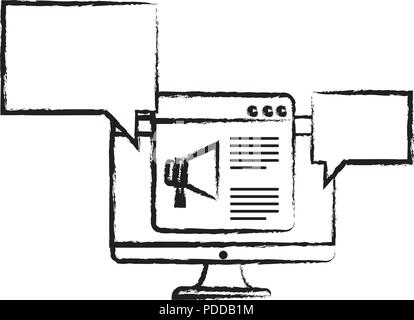 Digital Marketing Design mit Computer und Sprechblasen auf weißem Hintergrund, Vector Illustration Stock Vektor