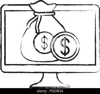 Computer mit Geld Sack und Münze auf weißem Hintergrund, Vector Illustration Stock Vektor