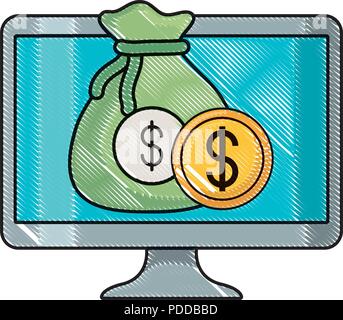 Computer mit Geld Sack und Münze auf weißem Hintergrund, Vector Illustration Stock Vektor