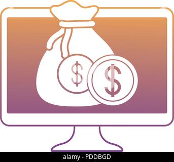 Computer mit Geld Sack und Münze auf weißem Hintergrund, Vector Illustration Stock Vektor