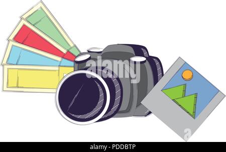 Photographische Kamera mit Color Picker und Bild auf weißem Hintergrund, Vector Illustration Stock Vektor