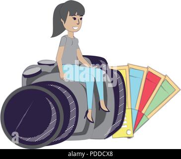 Die Farbauswahl und Cartoon designer Frau sitzt auf einer Kamera mit weißem Hintergrund, Vector Illustration Stock Vektor