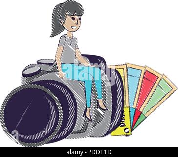 Die Farbauswahl und Cartoon designer Frau sitzt auf einer Kamera mit weißem Hintergrund, Vector Illustration Stock Vektor