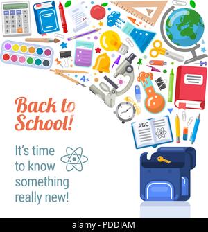 Zurück zum Plakat Schule mit fliegenden Objekten. Bereit, Kombination von Schule Elemente zu verwenden. Vector Illustration für Bildung Design. Stock Vektor