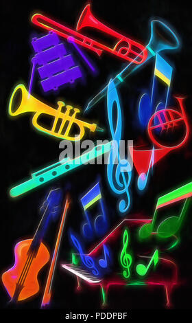 Verschiedene grafische Elemente verbinden die verschiedenen Instrumente der Musik der klassischen Vielzahl zu vertreten. Stockfoto