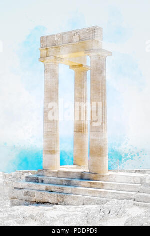 Berühmte griechische Tempel Säule gegen den klaren, blauen Himmel und Meer in Lindos Akropolis Rhodos Athena Tempel, Griechenland. Mix hand gezeichnete Skizze Abbildung Stockfoto