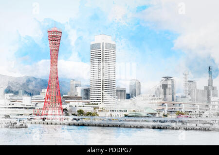 Kobe Port Tower, Wahrzeichen unter blauem dramatische bewölkten Himmel und strahlendem Sonnenschein in Kobe, Japan. Mix hand gezeichnete Skizze Abbildung Stockfoto