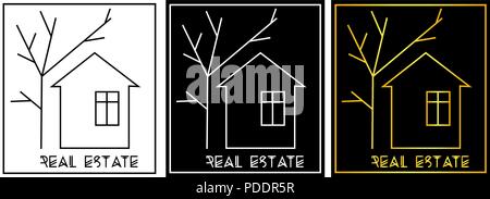Haus und Baum von Linien, Immobilien minimalistischen Logo Stock Vektor