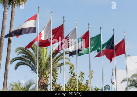 Flaggen der MENA-Region (Naher Osten und Nordafrika auf eine Reihe von fahnenmasten einschließlich der nationalen Flagge von Marokko, Kuwait, Saudi Arabien, Vereinigte Arabische Emirate, Stockfoto