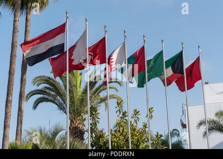 Flaggen der MENA-Region (Naher Osten und Nordafrika auf eine Reihe von fahnenmasten einschließlich der nationalen Flagge von Marokko, Kuwait, Saudi Arabien, Vereinigte Arabische Emirate, Stockfoto