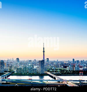 Business Konzept für Immobilien- bau - Panoramablick auf die moderne Skyline der Stadt aus der Vogelperspektive aerial Nacht Ansicht mit Tokio skytree unter dramatischen g Stockfoto