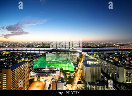 Wirtschaft und Kultur Konzept für Immobilien und Corporate Bau - Panoramablick auf die moderne Skyline der Stadt aus der Vogelperspektive aerial Nacht Ansicht mit Tokio skytree Stockfoto