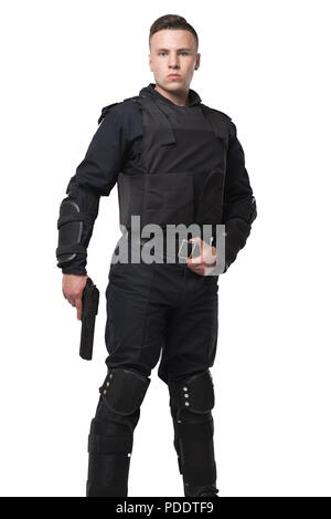 Bewaffnete Spezialeinheit Soldat in schwarzen Uniform Stockfoto