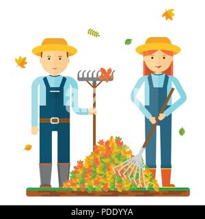 Die Landwirte Rake Blätter im Herbst. Die Landwirte Zeichen. Flache Vector Illustration. Stock Vektor