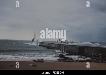 Aberdeen South Breakwater durch Wellen während das Tier aus dem Osten Sturm zerschlagen. Stockfoto