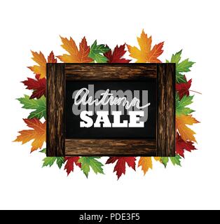 Herbst Sale. Herbst Blätter sind mit Kreide auf einer schwarzen Tafel gezeichnet. Skizze, Designelemente. Vektor. Stock Vektor