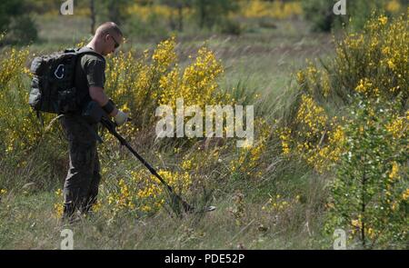 Einen polnischen Ingenieur 5 Engineer Regiment zugeordnet fegt eine Auswirkung Zone in einer Reihe in der Nähe der Drawsko Pomorskie, Polen so US-Soldaten von der 194th Engineer Brigade, Tennessee National Guard, kann in Gebäude und neue Ziele für eine Reihe starten während der entschlossenen Schloss 2018, 14. Mai 2018. Resolute Schloss ist eine multinationale Übung der NATO und der US-Army Engineers, die unterstützt Atlantic lösen, indem sie die Förderung der Interoperabilität. Atlantic lösen, ist ein Beweis für das Engagement der USA für die kollektive Sicherheit in Europa durch die deploym Stockfoto