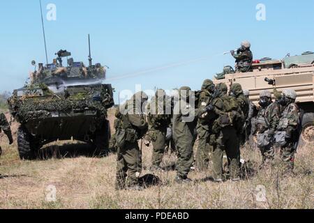 Us-amerikanische und kanadische Truppen Soldaten trainieren gemeinsam auf dem Militärischen orientierte schützende Haltung Dekontamination während DECON Operations bei Ahorn Lösen 08-07, Canadian Forces Base, Wainwright, Alberta, Kanada, 19. Mai 2018. Übung Ahorn Lösen 2018 verbessert die Fähigkeit der US-Armee und den kanadischen Streitkräften zusammen zu arbeiten, die gegenseitige Bedrohungen und Gefahren zu Hause und in der Koalition Operationen im Ausland. Die Übung zielt darauf ab, unsere professionellen Beziehungen, Schulung und Koordination mit unseren Verbündeten und Partnern zu verbessern. Stockfoto