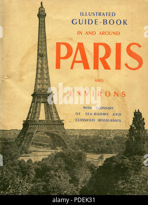 1950er Jahre, Bild zeigt die Abdeckung an der Vorderseite von einem englischen Besucher Reiseführer nach Paris als von dem Fotografen J Allan Cash auf seinen Reisen an die französische Stadt. Mit der berühmten Wahrzeichen von Paris, den Eiffelturm, den kann man beachten Sie auch das Glossar der "Tee Zimmer', die für Englischsprachige Besucher zu diesem Zeitpunkt wichtig wäre. Stockfoto