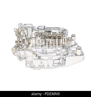Technische Zeichnung eines modernen Autos Motor Getriebe isoliert Stockfoto