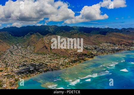 Luftaufnahme Honolulu Küstenlinie in Hawaii von einem Hubschrauber Stockfoto