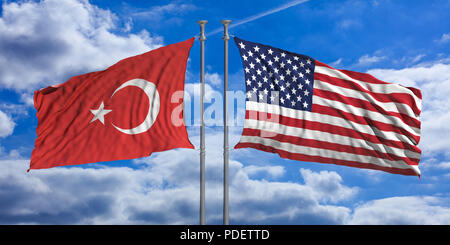 Die Beziehungen zwischen den USA und der Türkei. Gegenüber amerikanischen und türkischen schwenkten Fahnen auf und blauer Himmel. 3D-Darstellung Stockfoto