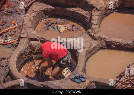 Fes, Marokko - 11. Mai 2013: Arbeitnehmer Handhabung verbirgt sich eine Gerberei in Fes, Marokko Stockfoto