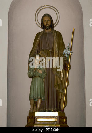 Saint Joseph. Vater von Jesus. Statue, Josef und das Jesuskind. Barcelona, Katalonien, Spanien. Stockfoto