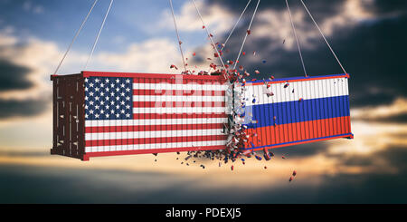 USA und Russland Handelskrieg Konzept. Uns von Amerika und die Russische Flaggen abgestürzt Container auf Himmel bei Sonnenuntergang Hintergrund. 3D-Darstellung Stockfoto