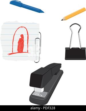 Lächelnd Bürobedarf. Eine Gruppierung von Büromaterial in der Form mit einem lächelnden Gesicht. Stock Vektor