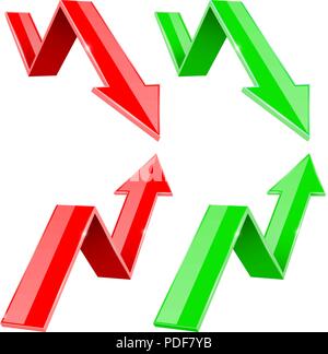 Rote und grüne Pfeile NACH OBEN und NACH UNTEN. Finanzielle Statistik 3D-Symbole Stock Vektor