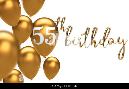 Gold Happy 55th birthday Ballon gruss Hintergrund. 3D-Rendering Stockfoto