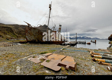 Verlassenen und verfallenen Walfang Schiff Petrep in Grytviken Harbour, South Georgia, Antarktis. Stockfoto