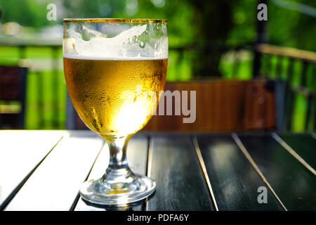 Erfrischende Apfelwein mit Eiswürfeln auf einem Holztisch. Apfelwein im Glas. Außenpool im Sommer Cafe. Vor dem Hintergrund der grünen Bäumen. Stockfoto