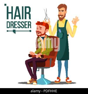 Friseur und Mann Vektor. Friseur. Die Schere. Friseur friseur. Friseure Salon. Haarschneider. Isolierte flache Cartoon Illustration Stock Vektor