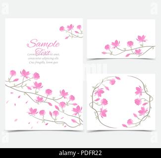 Set Vector Illustration rosa Blüten auf der Karte. Rosa Feder Magnolia Blumen Zweig Stock Vektor