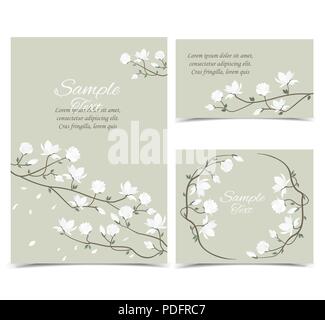 Set Vector Illustration rosa Blüten auf der Karte. Rosa Feder Magnolia Blumen Zweig Stock Vektor