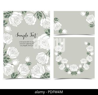 Vector Illustration eines Hintergrund mit weißen Rosen, dekorative Rahmen mit Rosen und Blätter. Satz von Grußkarten Stock Vektor