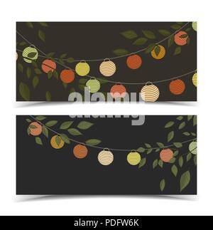 Vector Illustration der Blätter mit farbigen Laterne Kette. Zwei Einladungskarte, Party Feier Stock Vektor